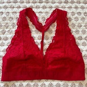 VS Pink Logo Band Floral Lace Racerback Bralette Red Size Small